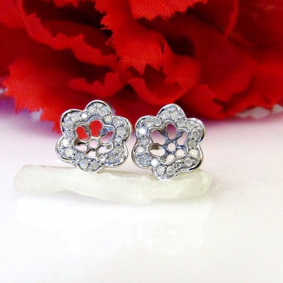 Diamond Flower Earring Enhancer Jackets 10k White Gold Natural Genuine Real - Picture 7 of 9